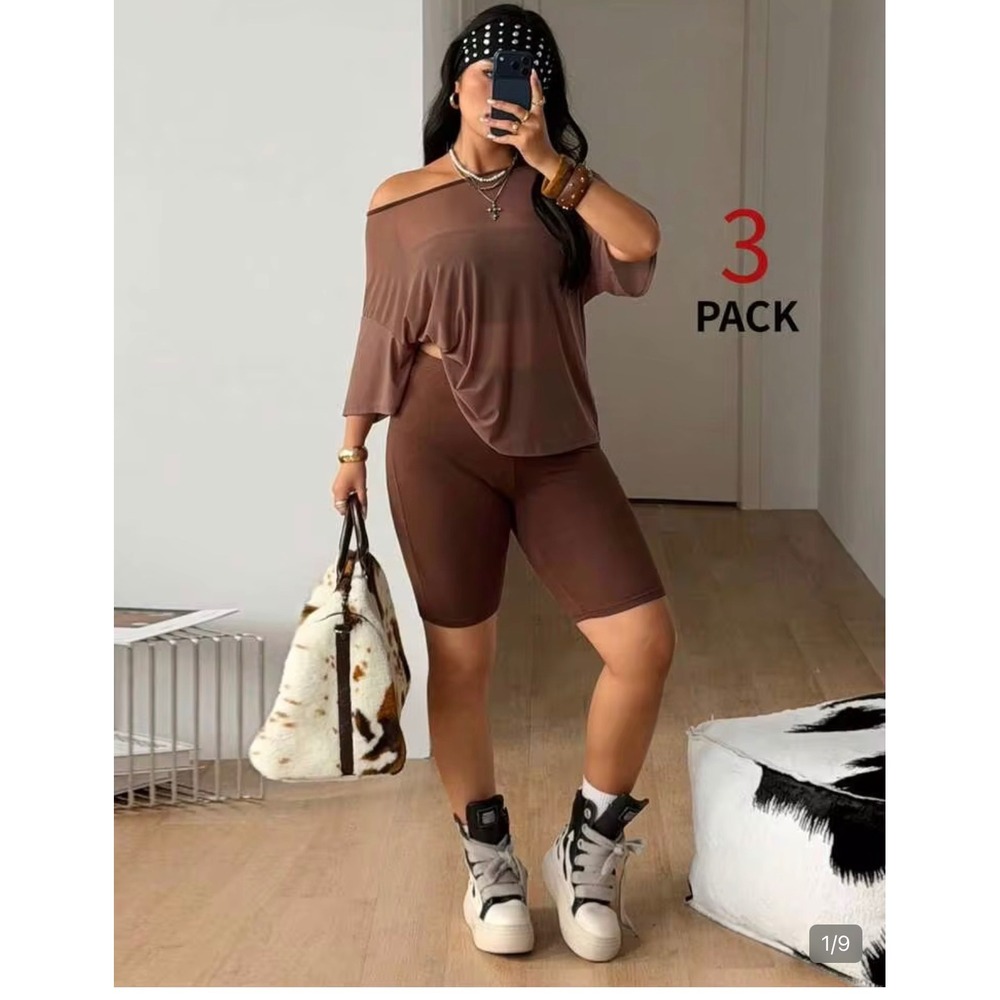 SHEIN Coolane Plus Size 3-Piece Set – Brown – 1XL – New